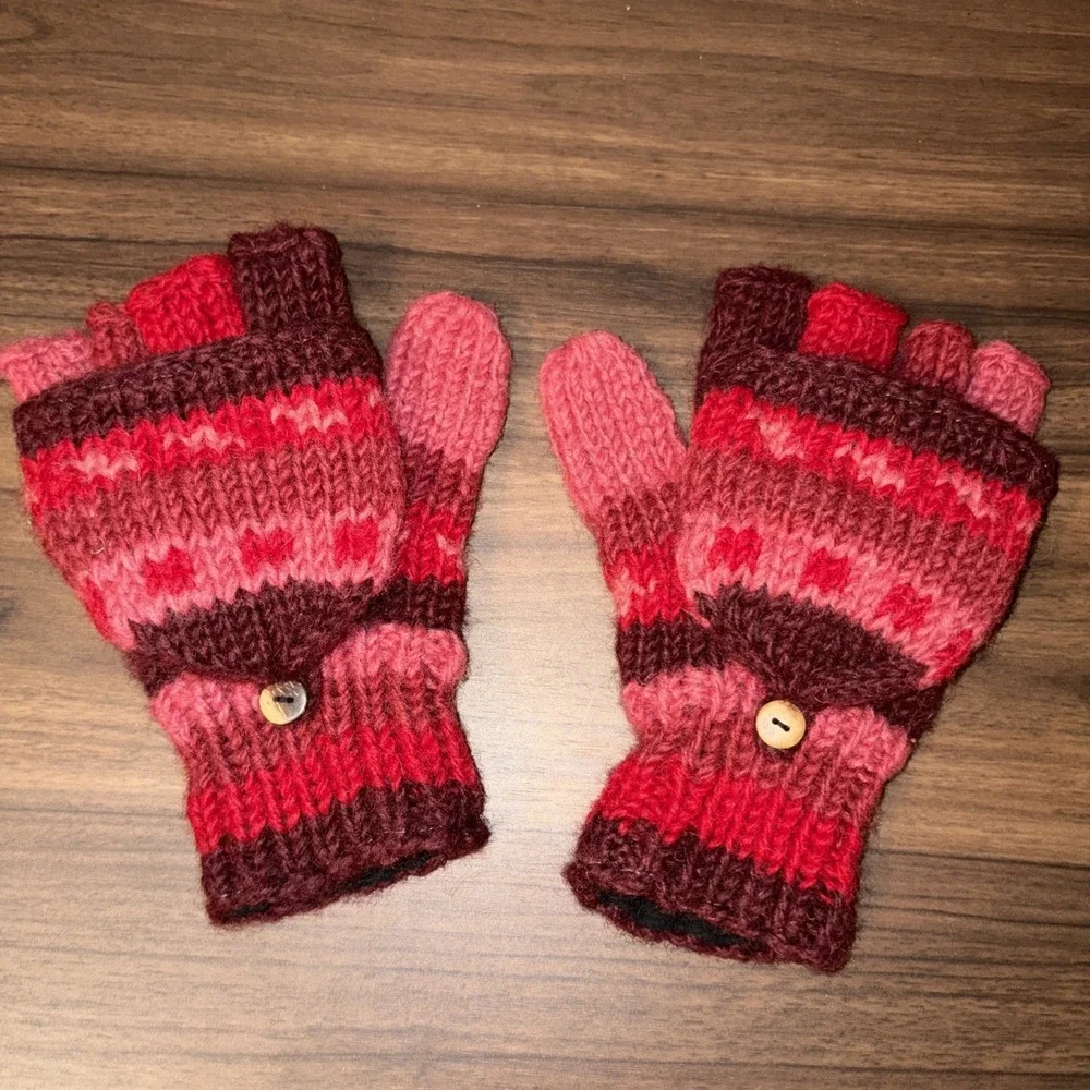 Made In Nepal Wool Fleece Lined Fingerless Gloves Convertible Mittens Red Pink